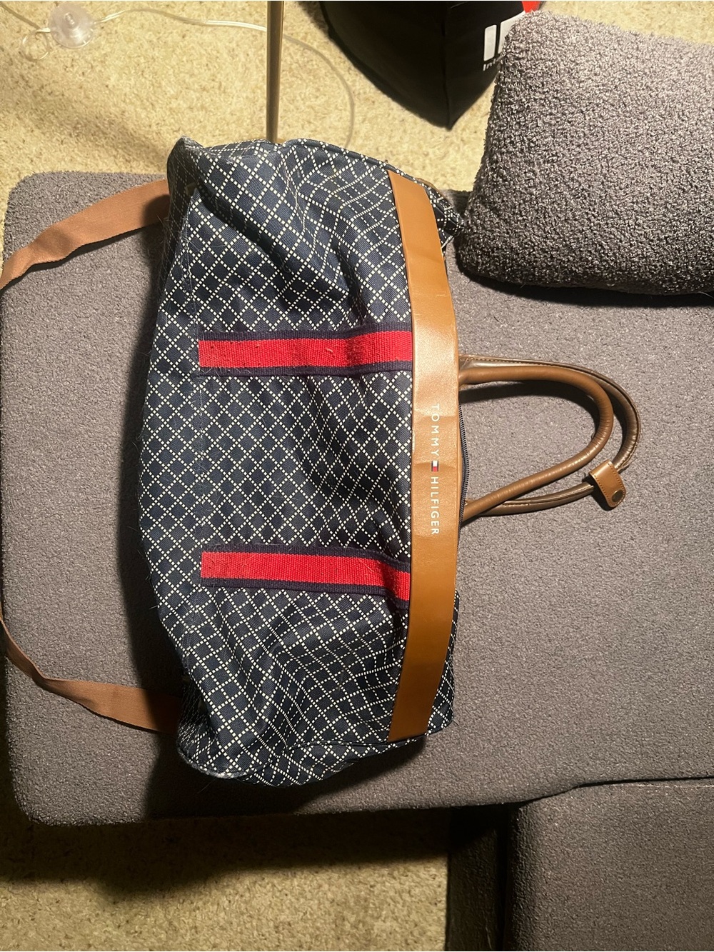 Tommy Hilfiger Navy Duffel with Brown Trim and Red Stripes